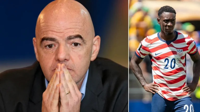 Gianni Infantino (links) und USA-Stürmer Folarin Balogun bei der Fußball-WM 2026 (rechts)