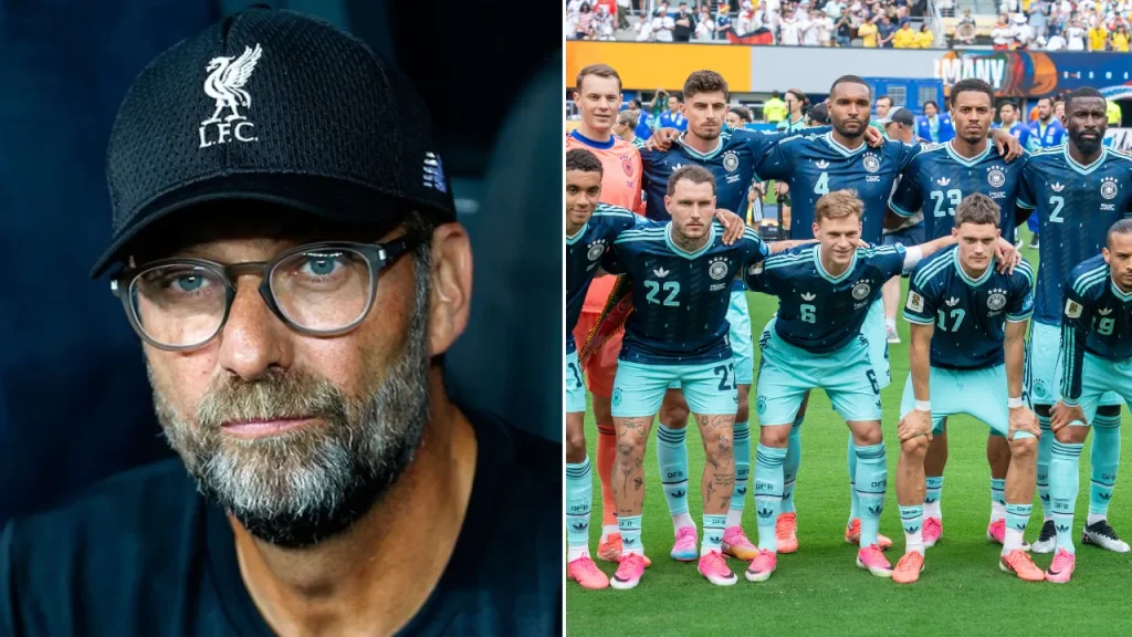 Jürgen Klopp mit Liverpool-Cap (links) und die deutsche Fußballnationalmannschaft bei einem Mannschaftsfoto vor einem Länderspiel (rechts)