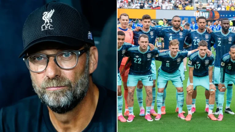 Jürgen Klopp mit Liverpool-Cap (links) und die deutsche Fußballnationalmannschaft bei einem Mannschaftsfoto vor einem Länderspiel (rechts)
